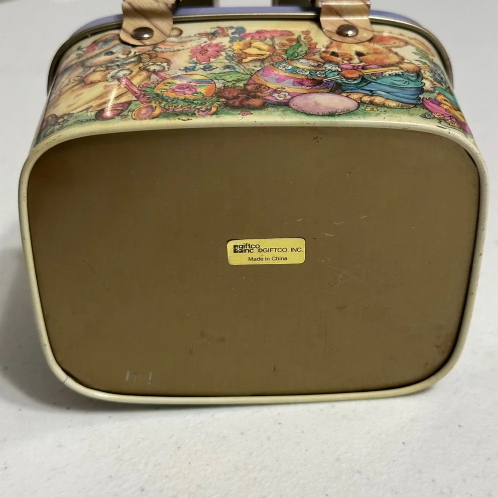 Giftco Vintage Bunny Rabbit Picnic Basket Metal Tin Easter Floral Seasonal Decor